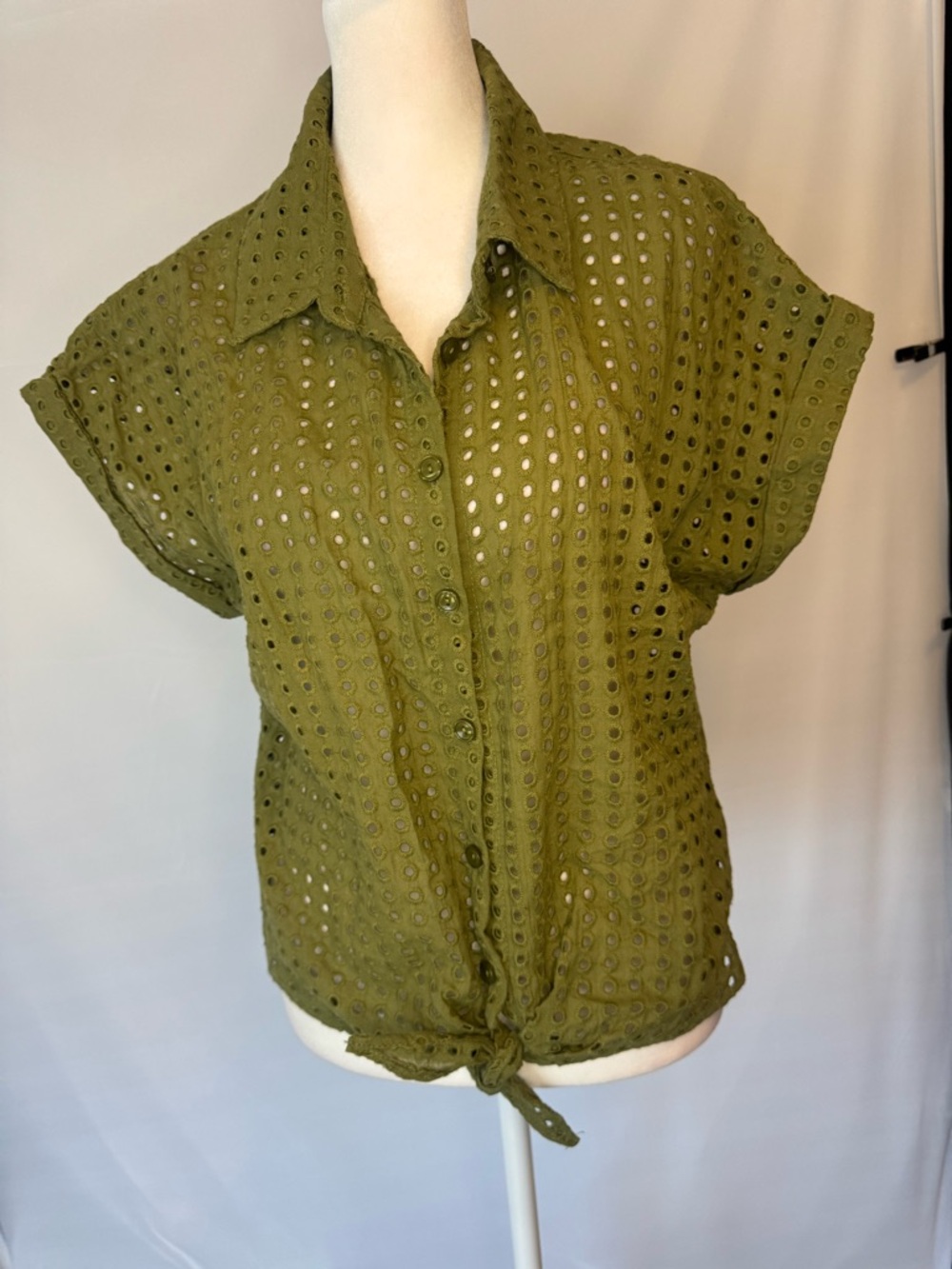 Stem & Vine Olive Eyelet Fabric Button-Down Tie-Hem Shirt